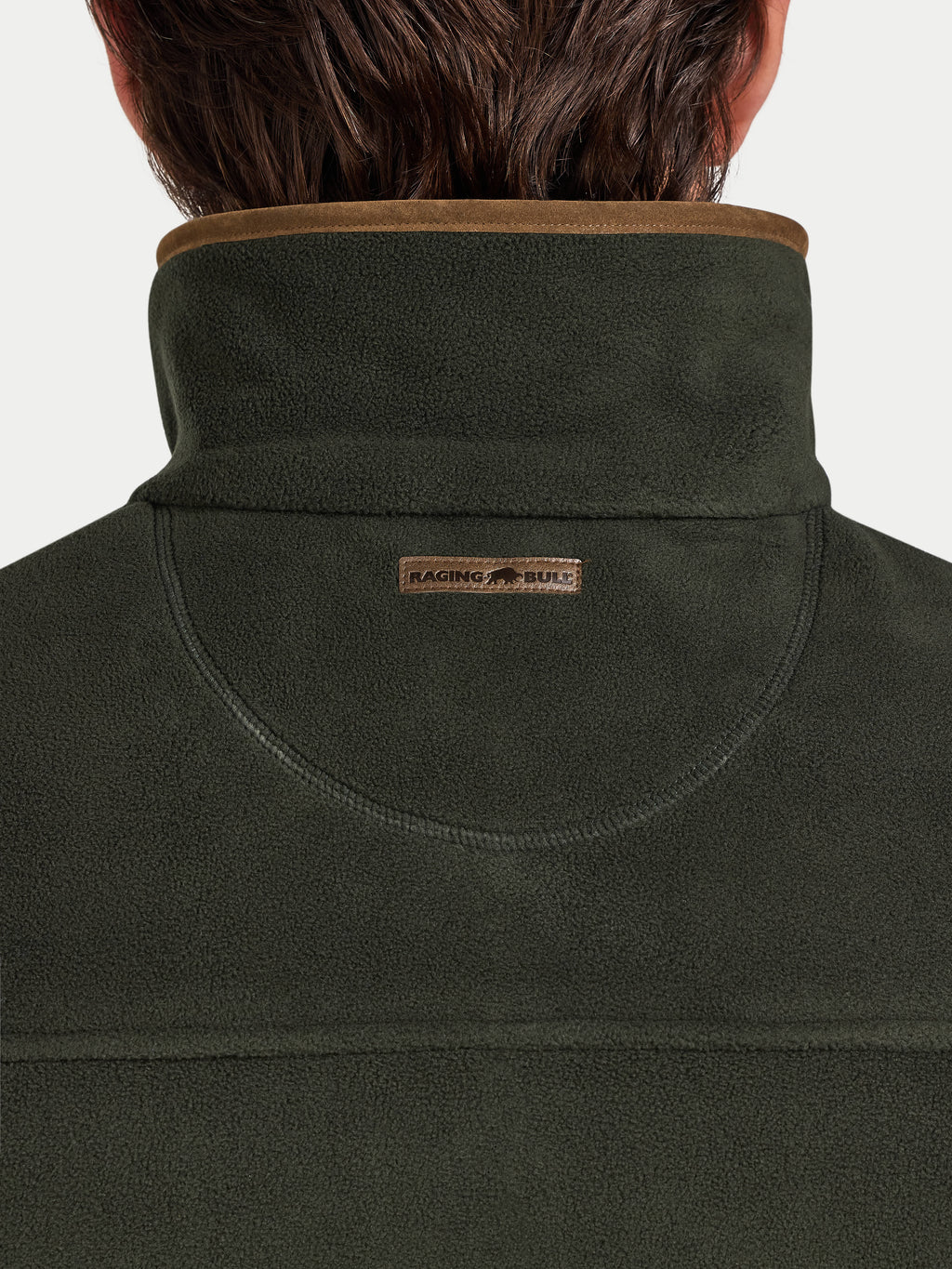 Dark green gilet with a brand logo on the collar against a white background
