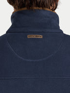 Navy blue fleece gilet with a brand logo on the chest against a white background