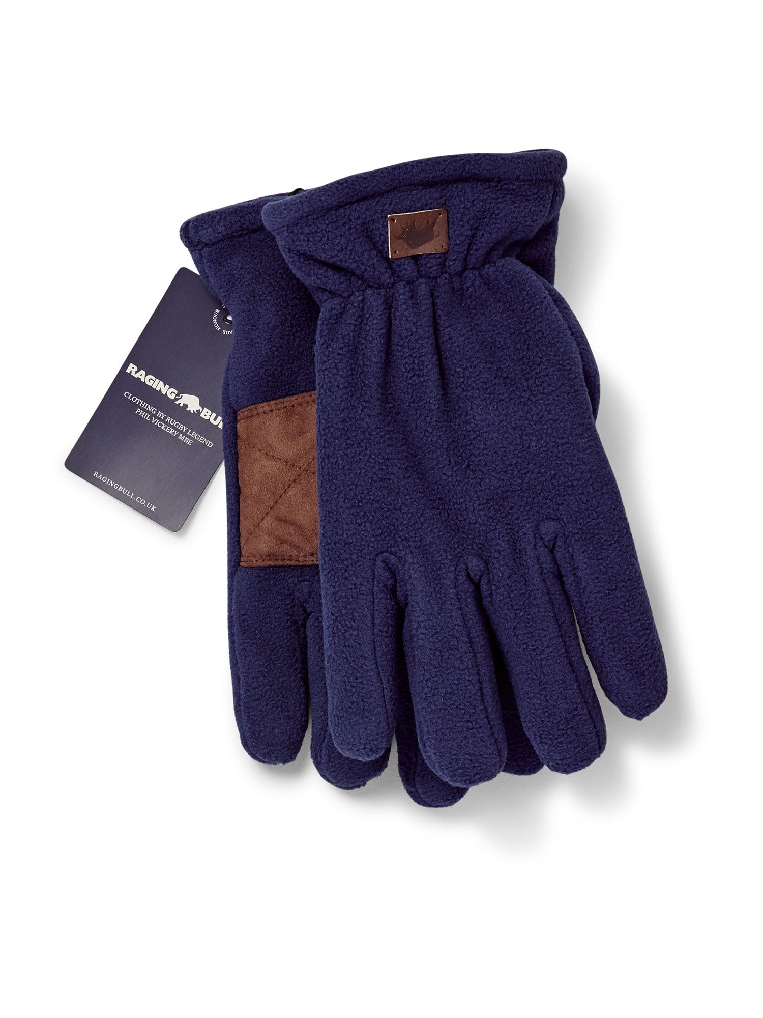 A pair of navy fleece gloves with a padded palm patch, displayed alongside a product card.