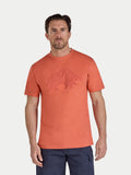 Man wearing an orange t-shirt with a logo on a white background