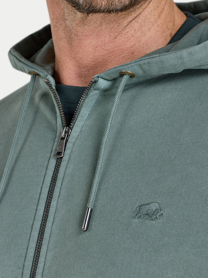 Green hoodie with a logo on a white background