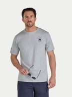 Man wearing Raging Bull Go Fast T-shirt in grey marl, front. 
