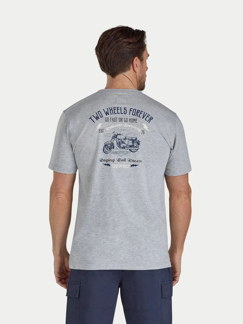 Man wearing Raging Bull Go Fast T-shirt in grey marl, back. 