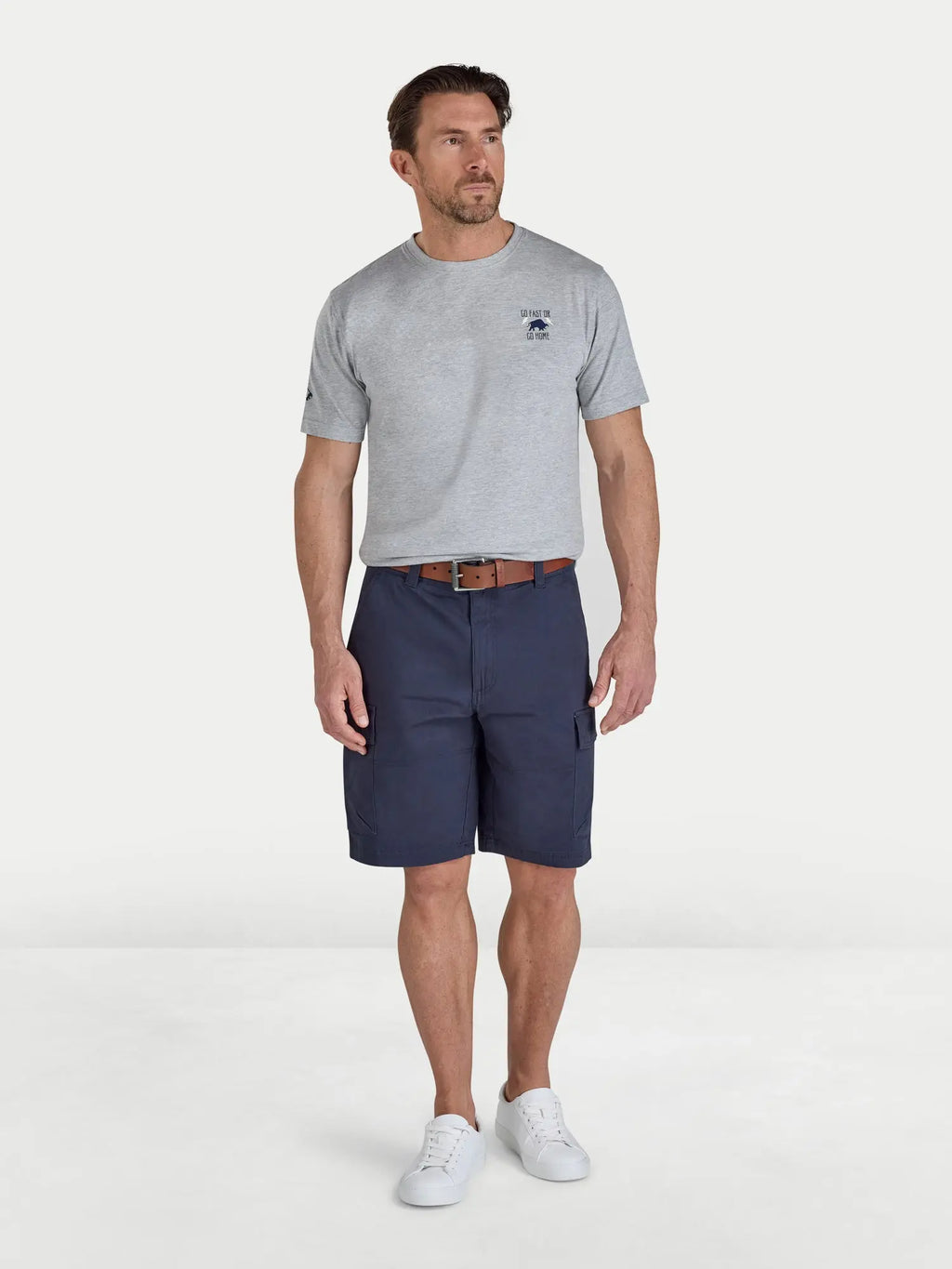 Man wearing Raging Bull Go Fast T-shirt in grey marl and Cargo shorts in navy, front. 