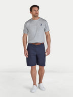 Man wearing Raging Bull Go Fast T-shirt in grey marl and Cargo shorts in navy, front. 