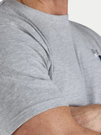 Man wearing Raging Bull Go Fast T-shirt in grey marl, sleeve detail. 