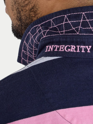 Navy and pink shirt with 'INTEGRITY' text on a white background