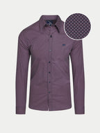 Purple patterned shirt with a close-up inset on a light gray background