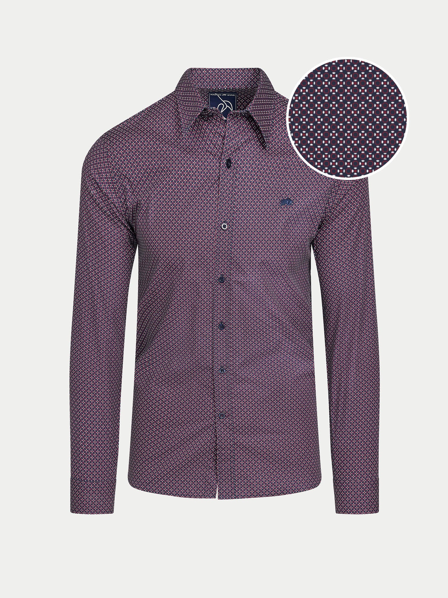 Purple patterned shirt with a close-up inset on a light gray background