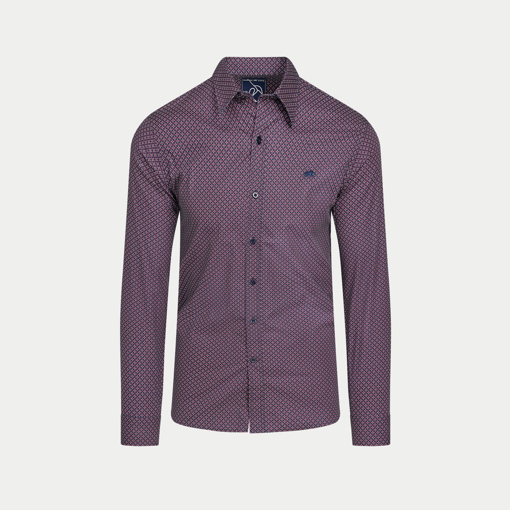 Purple patterned shirt on a light gray background