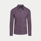 Purple patterned shirt on a light gray background