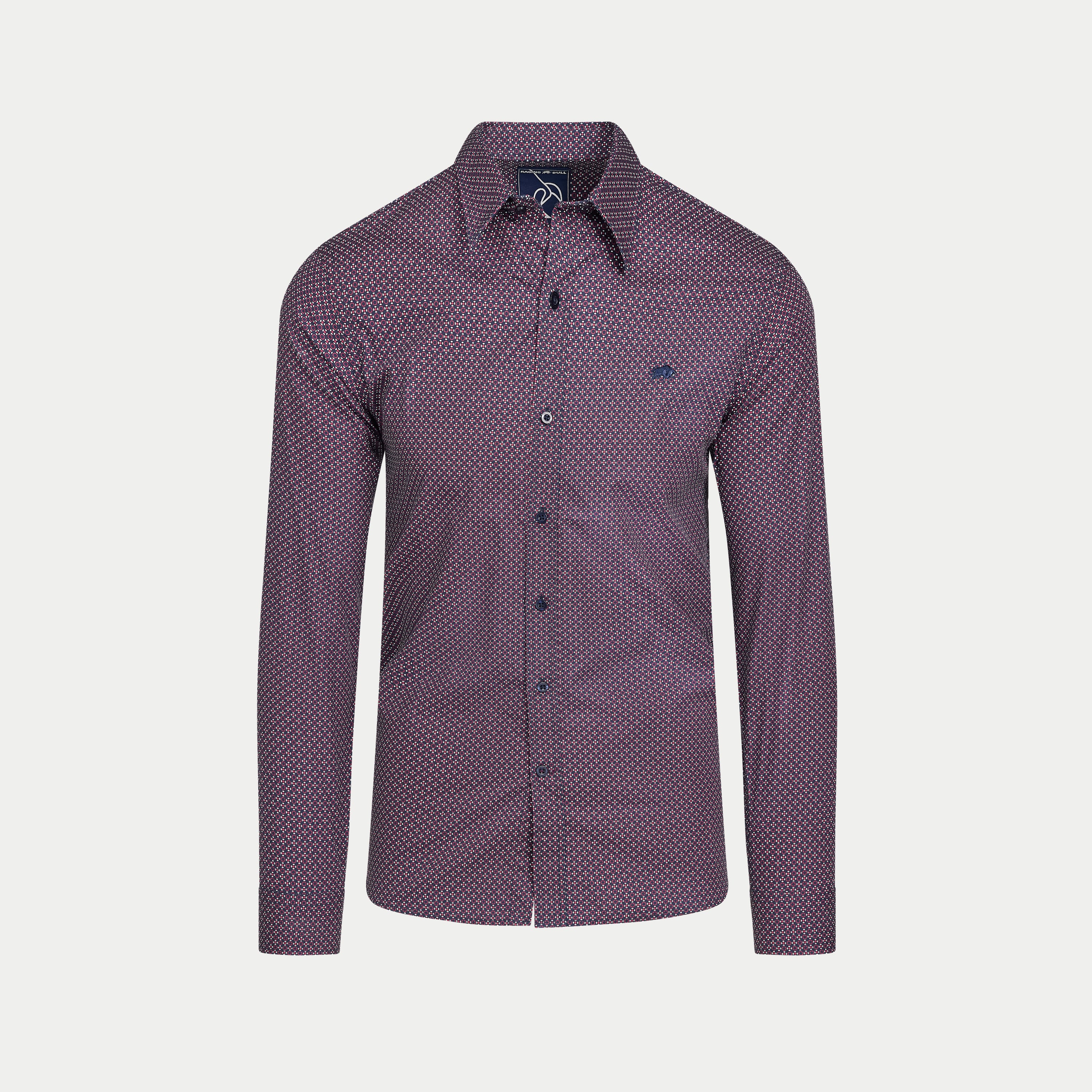 Purple patterned shirt on a light gray background