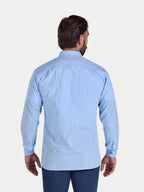 Man wearing Raging Bull Classic Gingham Long Sleeve Shirt in Sky Blue, back detail, available in sizes S-6XL.
