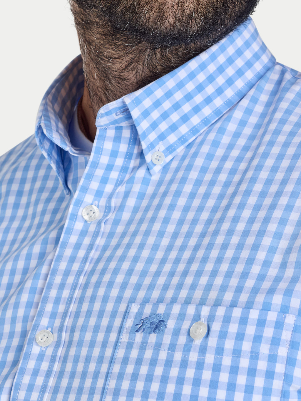 Close-up of a Raging Bull Classic Gingham Long Sleeve Shirt in Sky Blue, collar detail, available in sizes S-6XL.