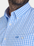 Close-up of a Raging Bull Classic Gingham Long Sleeve Shirt in Sky Blue, collar detail, available in sizes S-6XL.