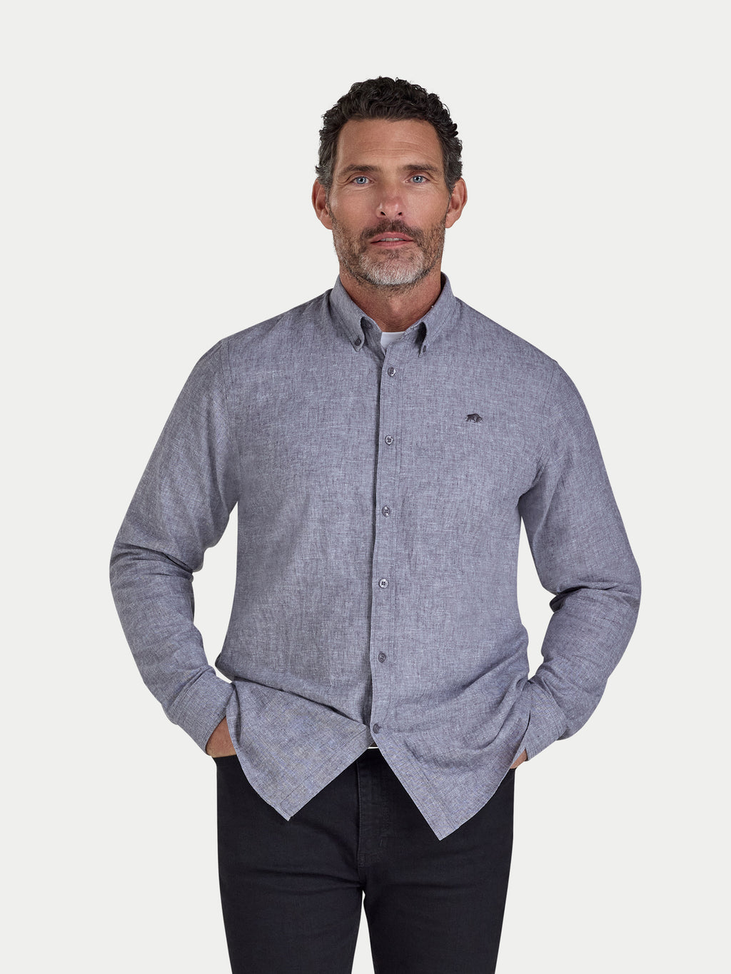 Man wearing Raging Bull Classic Linen Long Sleeve Shirt in Charcoal, available in sizes S-6XL