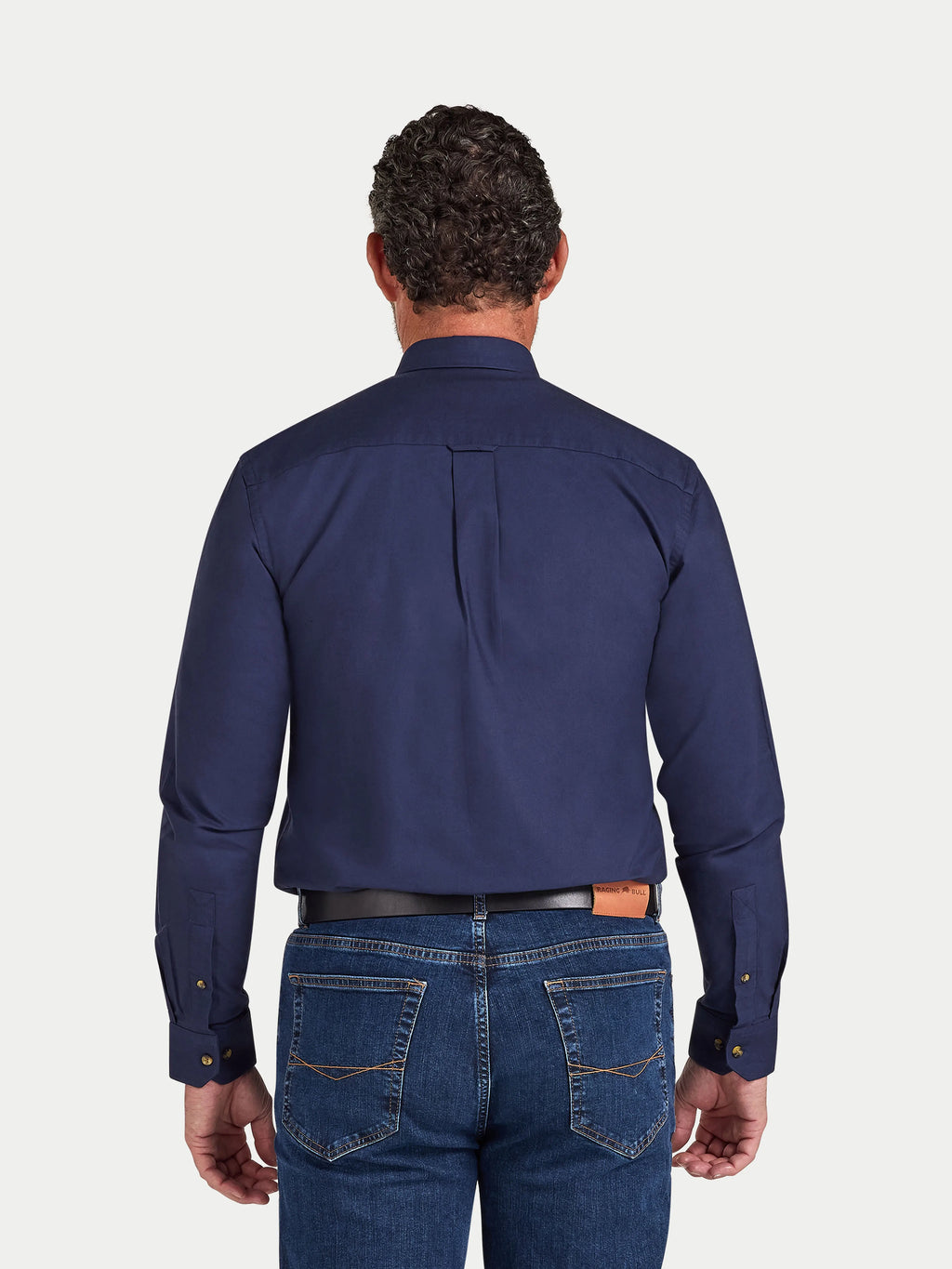 Man wearing Raging Bull Classic Oxford Long Sleeve Shirt in Navy, back detail, available in sizes S-6XL