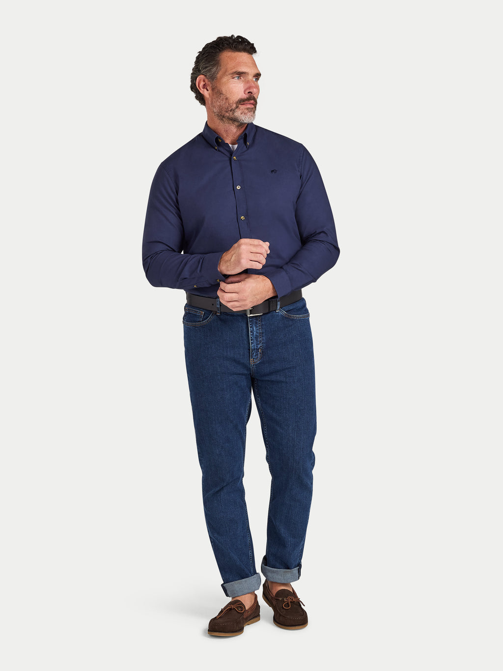 Man wearing Raging Bull Classic Oxford Long Sleeve Shirt in Navy, available in sizes S-6XL.