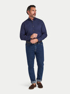 Man wearing Raging Bull Classic Oxford Long Sleeve Shirt in Navy, available in sizes S-6XL.