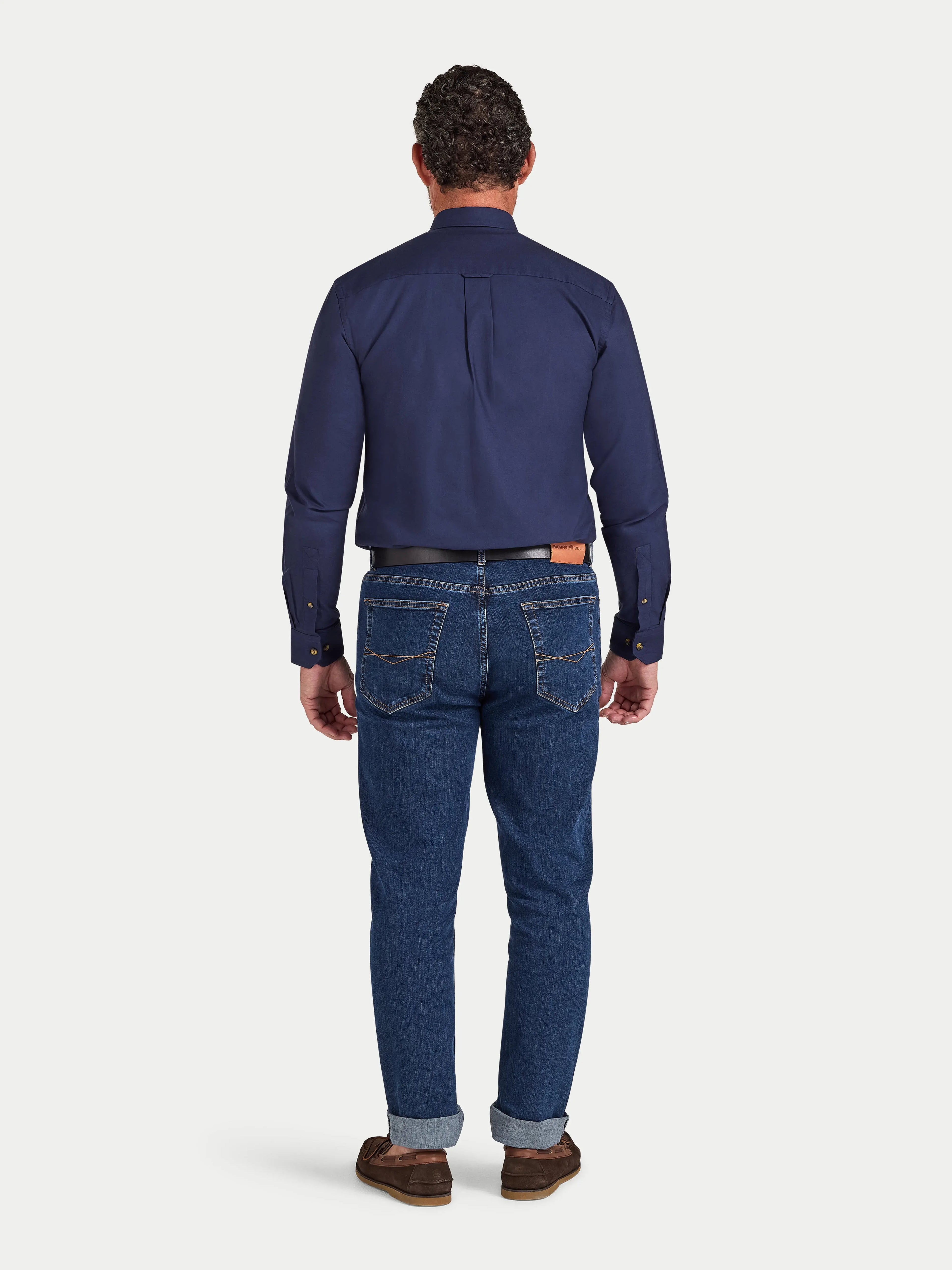 Man wearing Raging Bull Classic Oxford Long Sleeve Shirt in Navy, back detail, available in sizes S-6XL