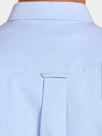 Close-up of a light blue shirt collar and chest area.
