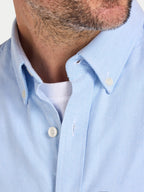 Close-up of a light blue shirt with a collar and buttons.