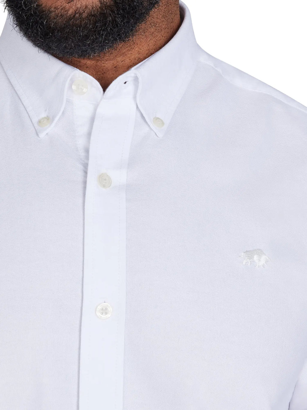 Man wearing Raging Bull Classic Oxford Long Sleeve Shirt in White, collar detail, available in sizes S-6XL