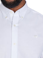 Man wearing Raging Bull Classic Oxford Long Sleeve Shirt in White, collar detail, available in sizes S-6XL