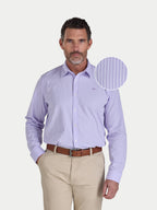Man wearing a lilac striped shirt with a close-up of the fabric pattern on a white background.