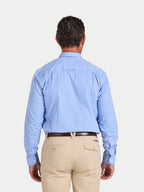 Man wearing Raging Bull Classic Stripe Long Sleeve Shirt in Mid Blue, back view, available in sizes S-6XL