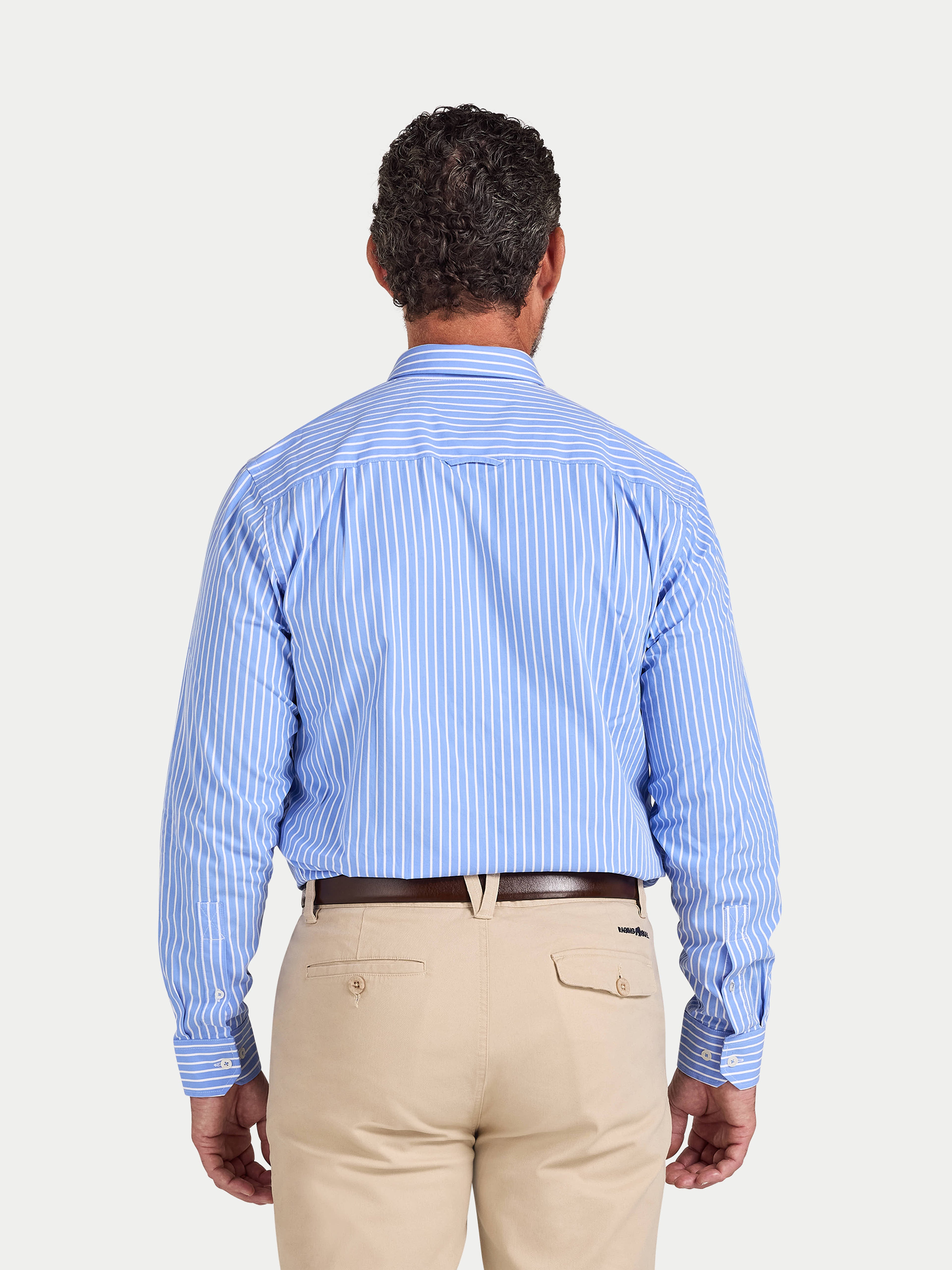 Man wearing Raging Bull Classic Stripe Long Sleeve Shirt in Mid Blue, back view, available in sizes S-6XL