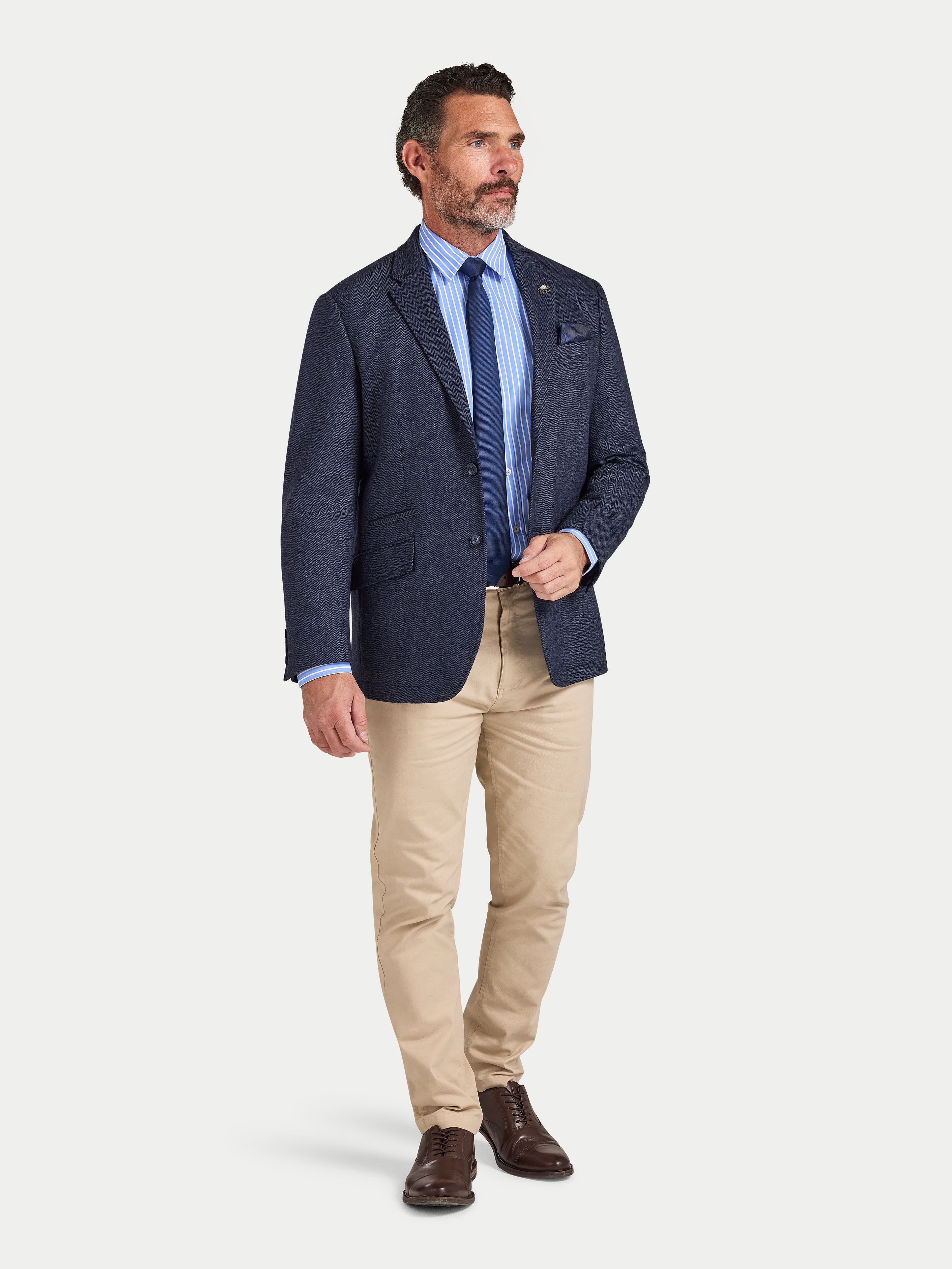 Man wearing Raging Bull Classic Stripe Long Sleeve Shirt in Mid Blue, available in sizes S-6XL
