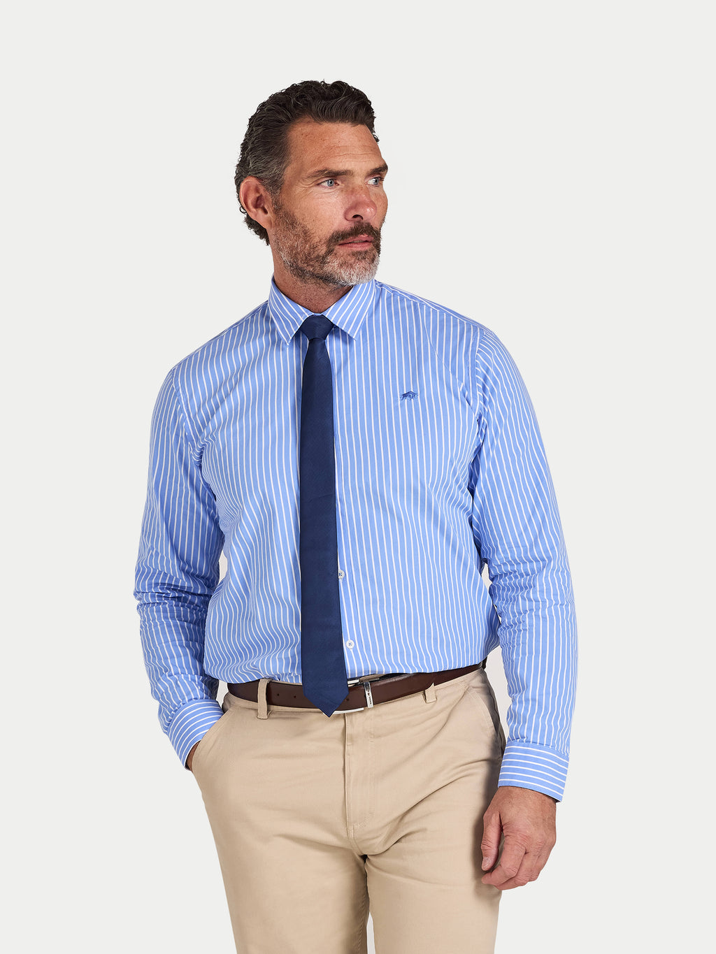 Man wearing Raging Bull Classic Stripe Long Sleeve Shirt in Mid Blue, available in sizes S-6XL