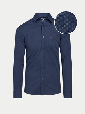 Navy blue shirt with a close-up of the fabric texture on a light gray background