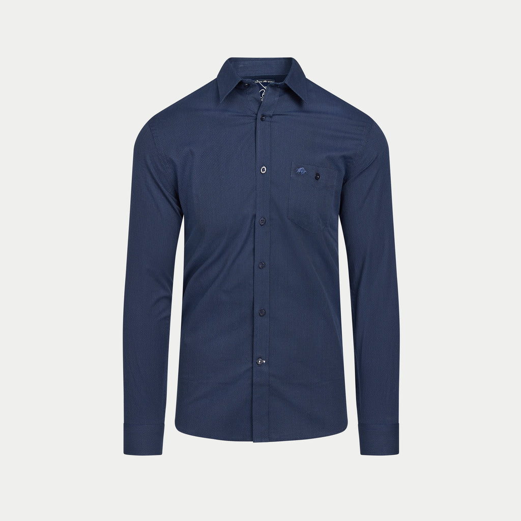 Navy blue shirt on a light gray background