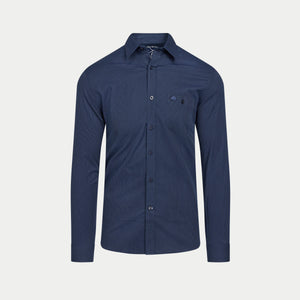 Navy blue shirt on a light gray background