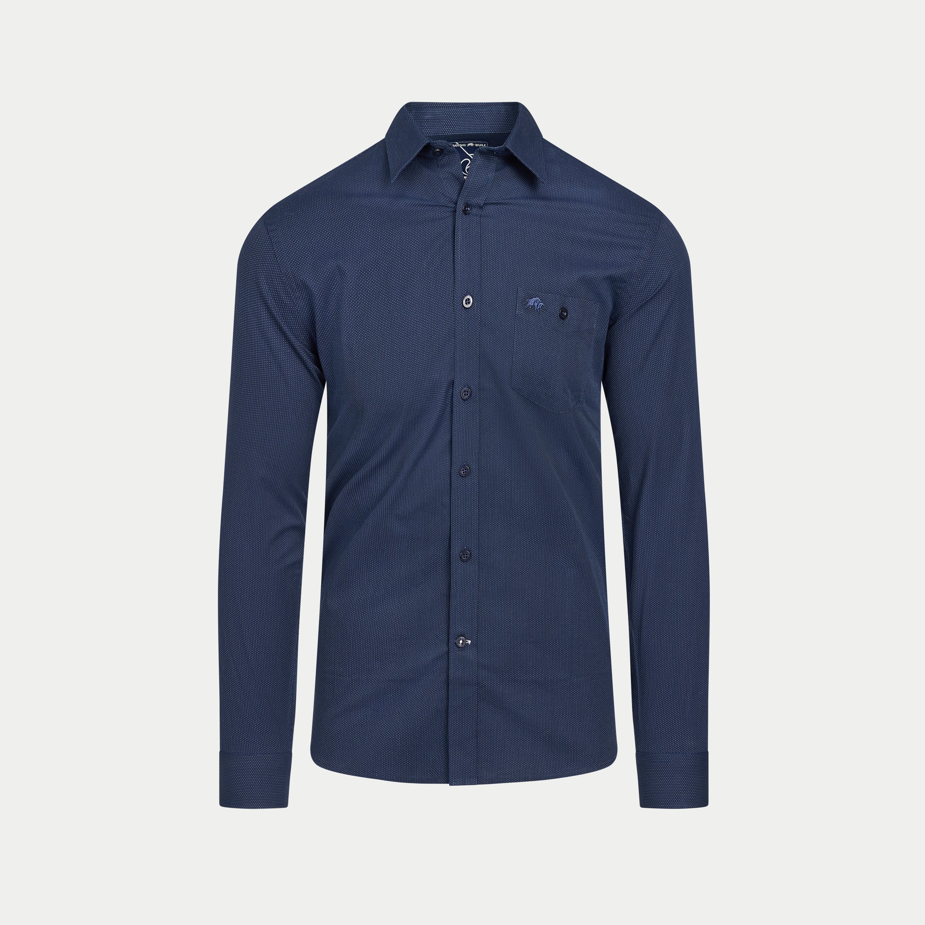 Navy blue shirt on a light gray background