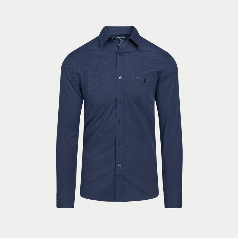 Navy blue shirt on a light gray background