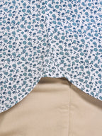 Close-up of fabric with blue floral pattern on a white background