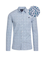A long sleeve floral print cotton poplin shirt in sky blue with small white flowers, and the Raging Bull logo embroidered on the chest.