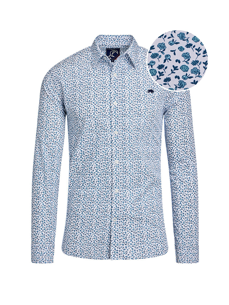 A long sleeve floral print cotton poplin shirt in sky blue with small white flowers, and the Raging Bull logo embroidered on the chest.