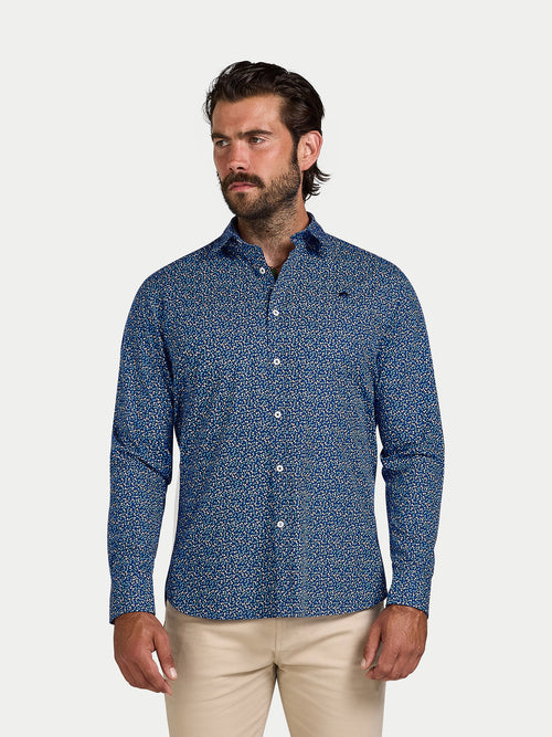 Long Sleeve Flower Bud Cotton Poplin Shirt - Navy