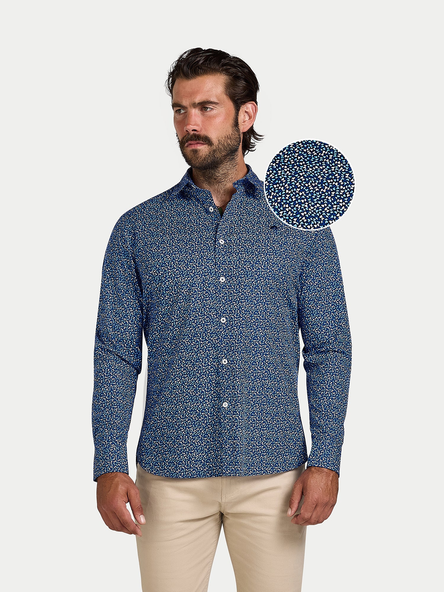 Man wearing a Raging Bull long sleeve Flower bud cotton poplin shirt in navy, front detail.  