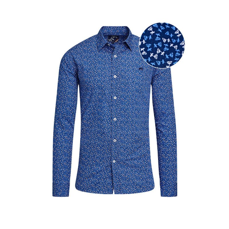 Long Sleeve Flower Bud Cotton Poplin Shirt - Navy