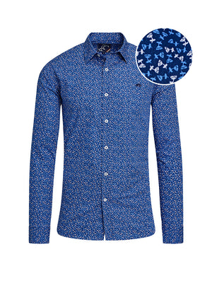 A long sleeve navy cotton poplin shirt with a floral bud pattern, displayed with a close-up of the pattern.
