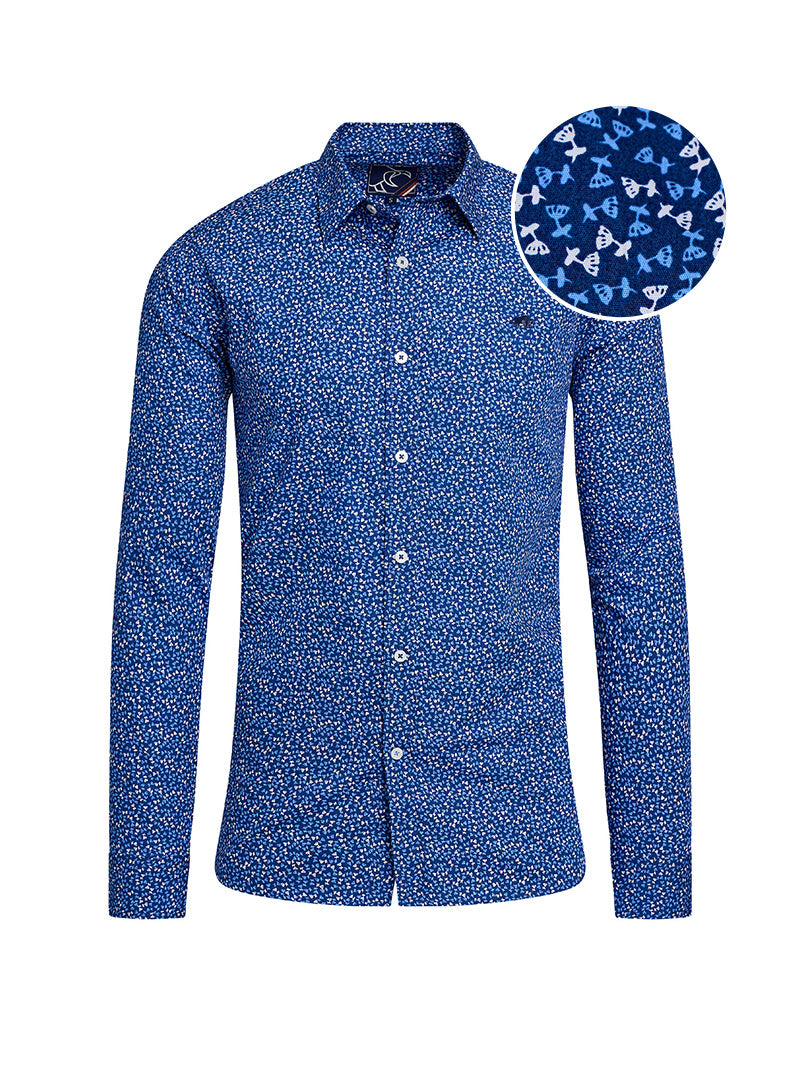 A long sleeve navy cotton poplin shirt with a floral bud pattern, displayed with a close-up of the pattern.