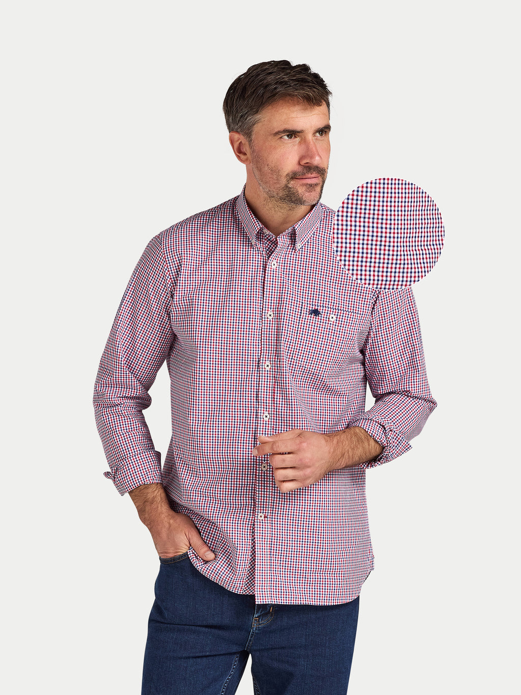 Man wearing Raging Bull Graph Check Poplin Long Sleeve Shirt in Red, available in sizes S-6XL, front detail. 