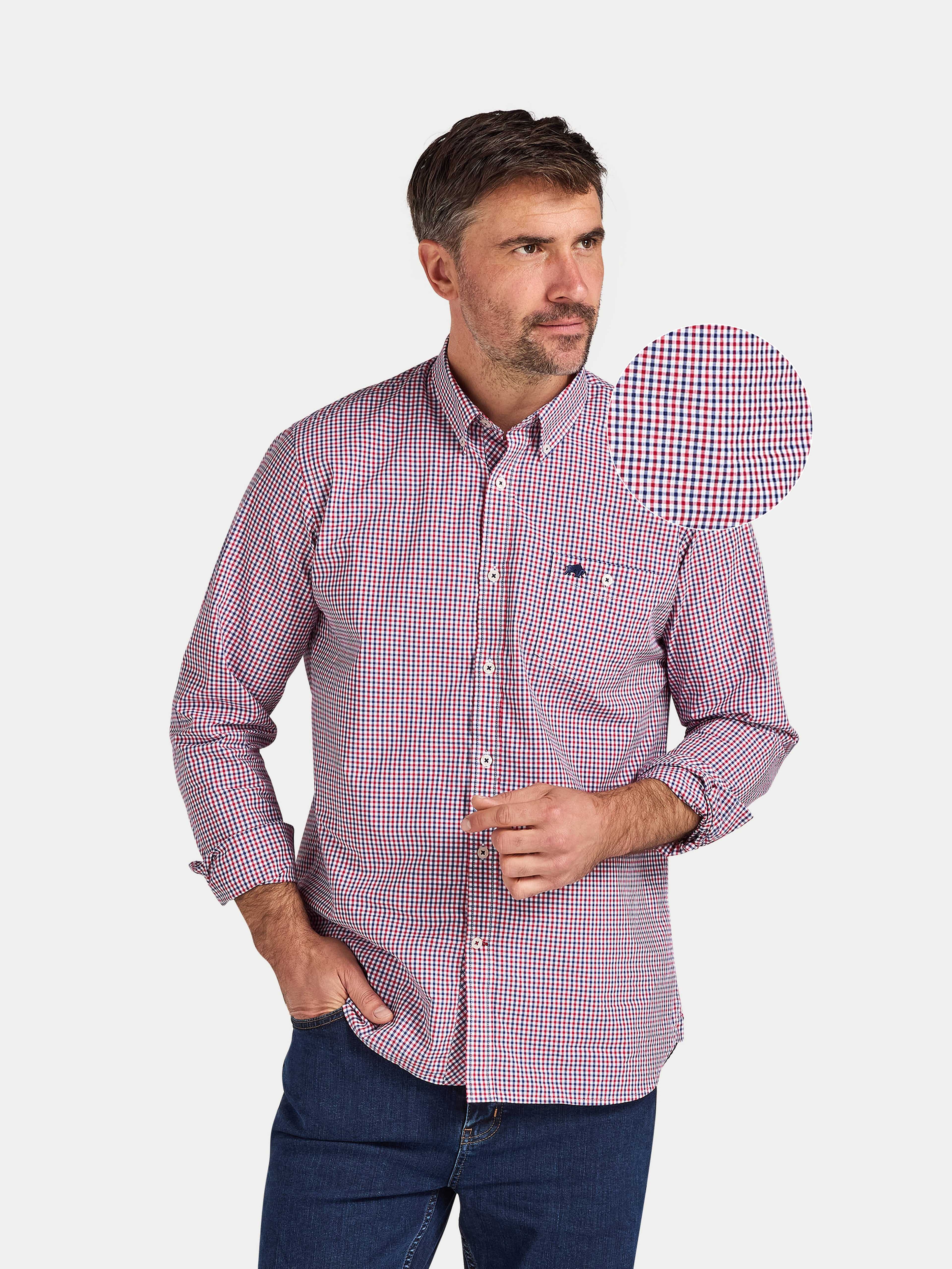 Man wearing Raging Bull Graph Check Poplin Long Sleeve Shirt in Red, available in sizes S-6XL, front detail. 