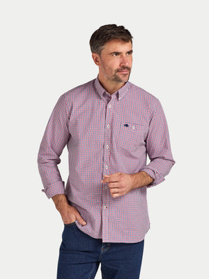 Man wearing a red and white checkered shirt on a white background