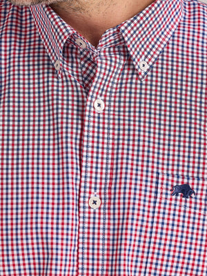 Red and blue checkered shirt with a brand logo on a white background